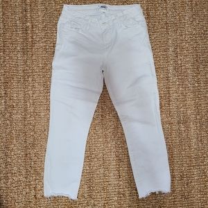 Paige 28, ankle-cropped white jeans, worn with no major flaws